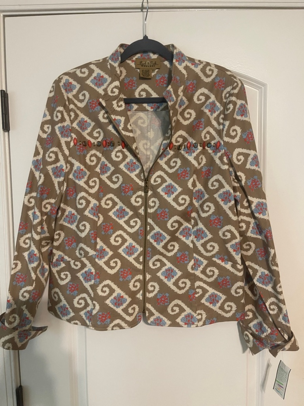 Peek & Peek Weekend Vintage Tan Patterned Blazer with Beaded Accents New